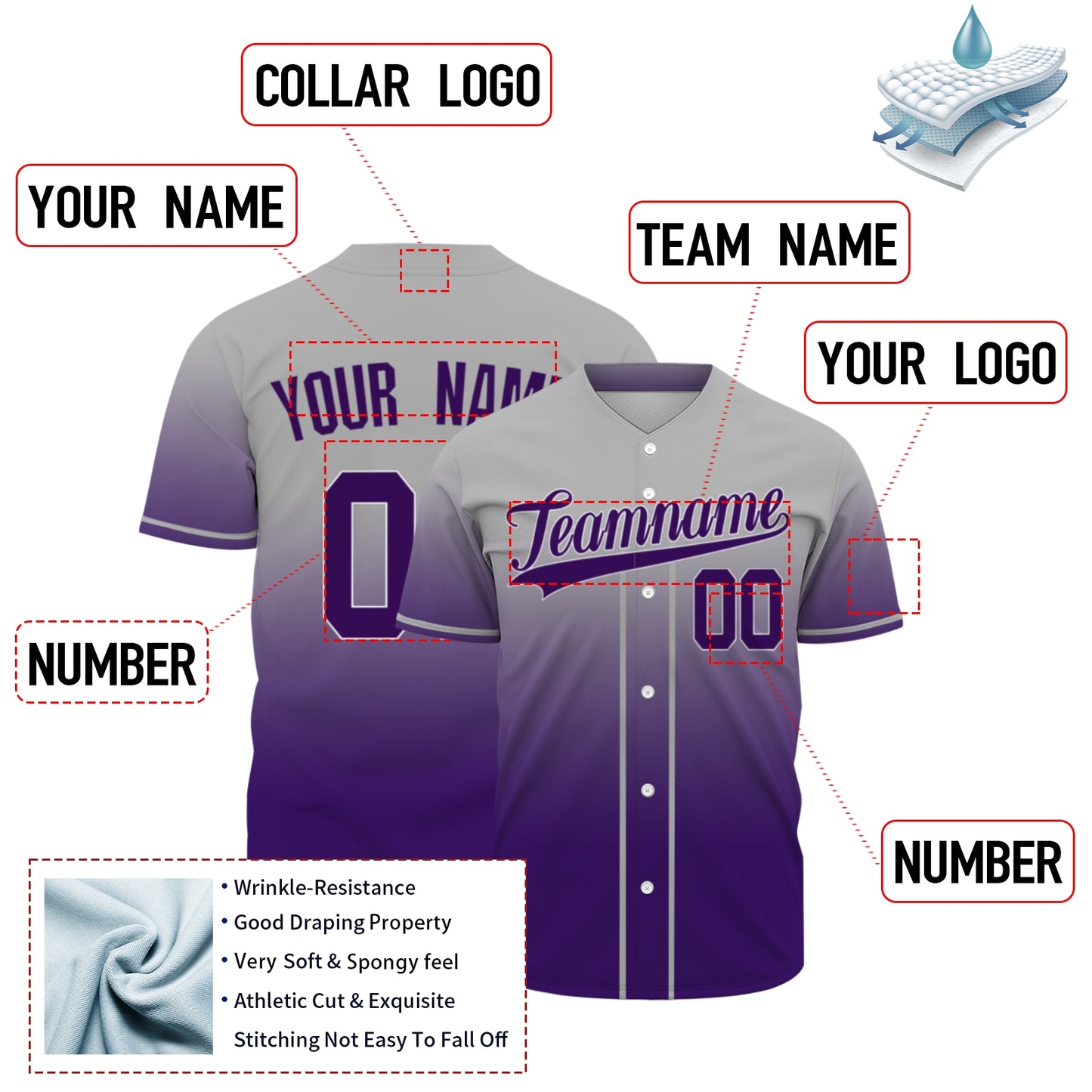 Custom Baseball Jersey - Personalized Gradient Shirt with Grey & Purple Design - Full Sublimation