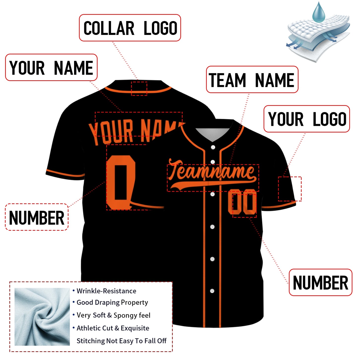 Custom Baseball Jersey - Personalized Black Shirt with Orange Piping - Full Sublimation