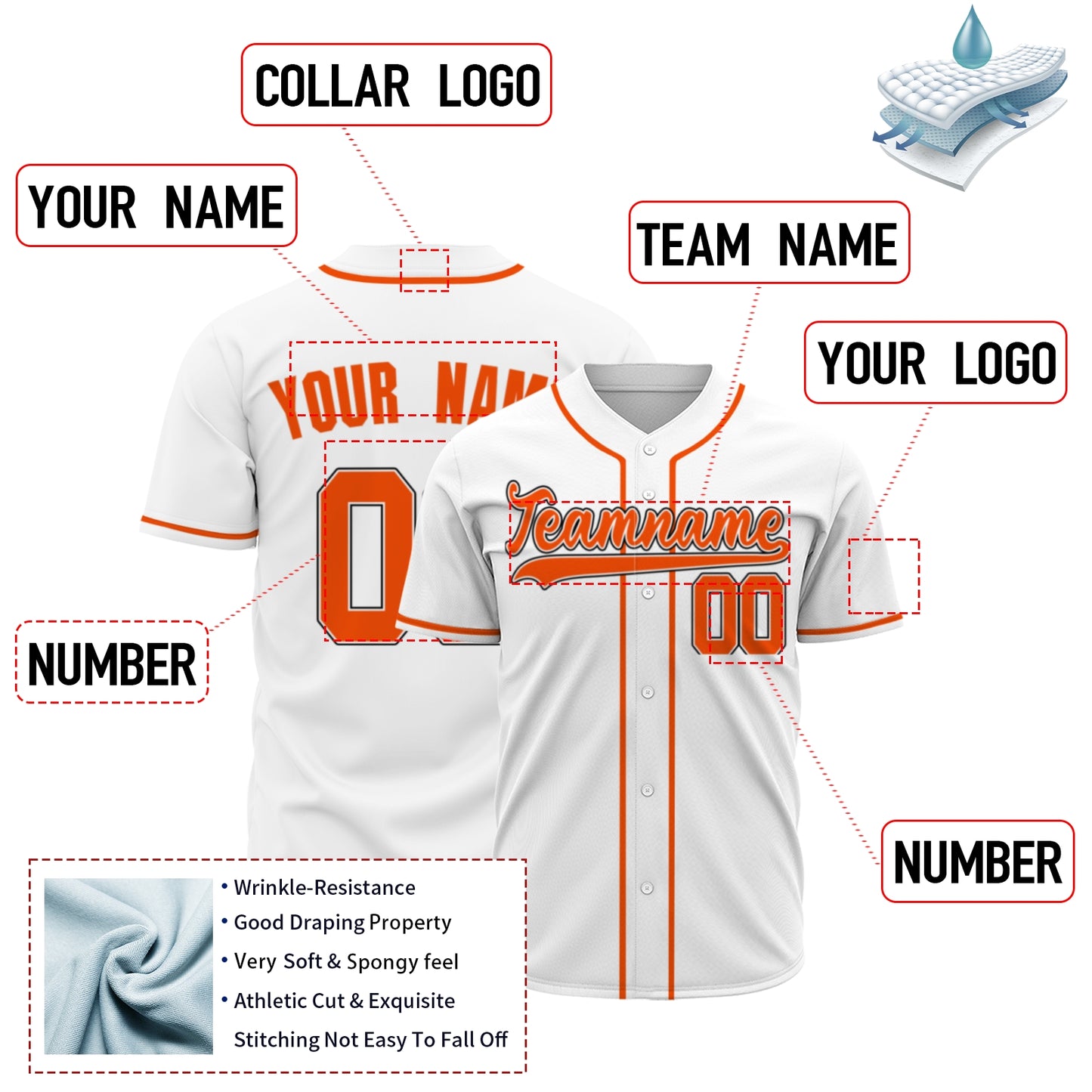 Custom Baseball Jersey - Personalized White Shirt with Orange Piping - Full Sublimation
