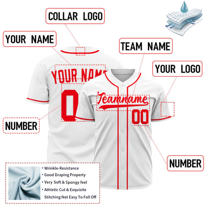 Custom Baseball Jersey - Personalized White Shirt with Red Piping - Full Sublimation for Men Women- Personalized Team Sportswear printed or Stitched Name Number (Size S-8XL)