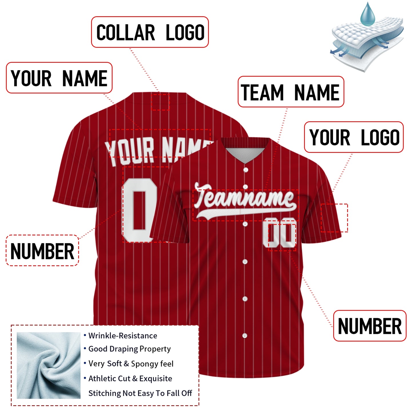 Custom Baseball Jersey - Personalized Deep Red Shirt with White Pinstripes - Full Sublimation