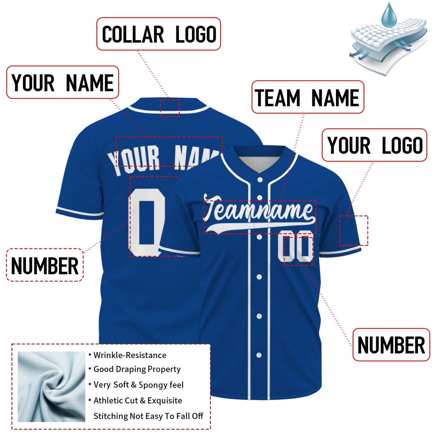 Custom Baseball Jersey - Personalized Royal Blue Shirt with White Piping - Full Sublimation