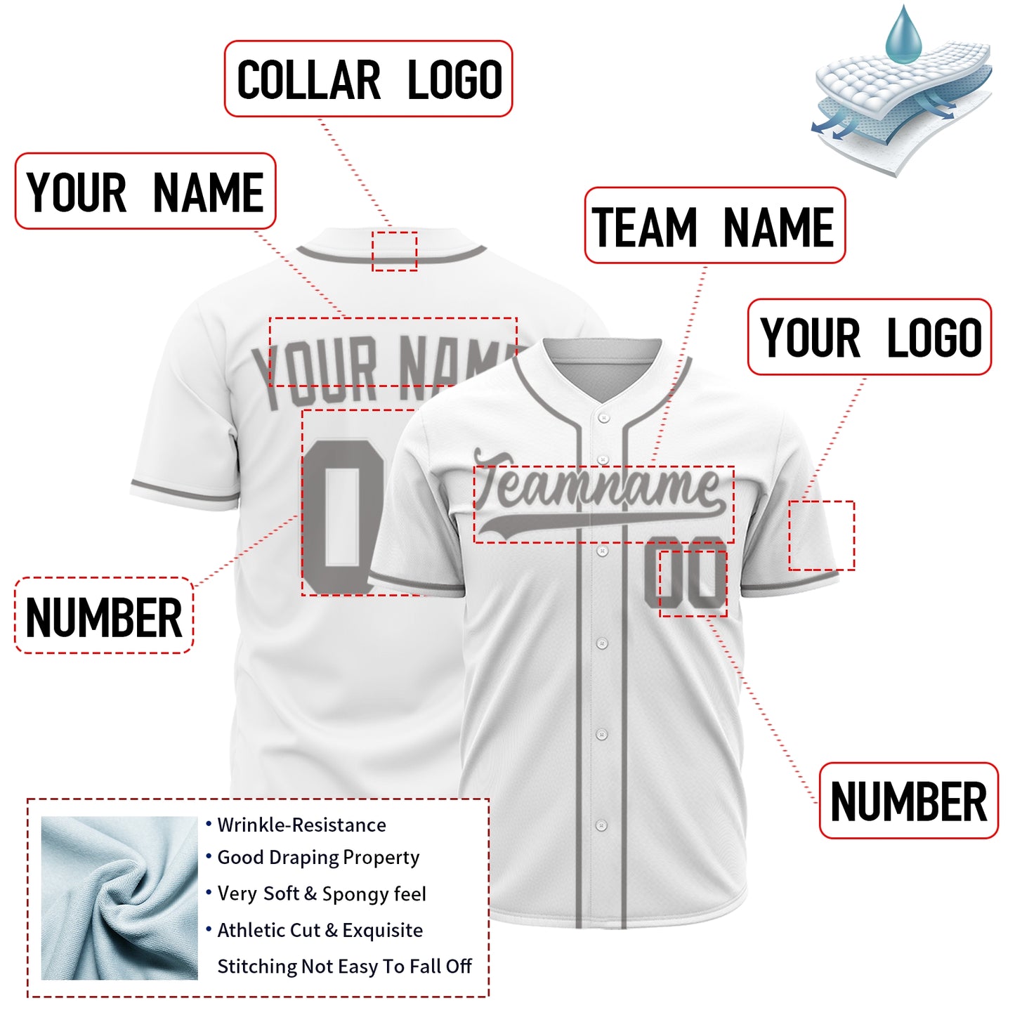 Custom Baseball Jersey - Personalized White Shirt with Grey Piping - Full Sublimation for Men Women- Personalized Team Sportswear printed or Stitched Name Number (Size S-8XL)
