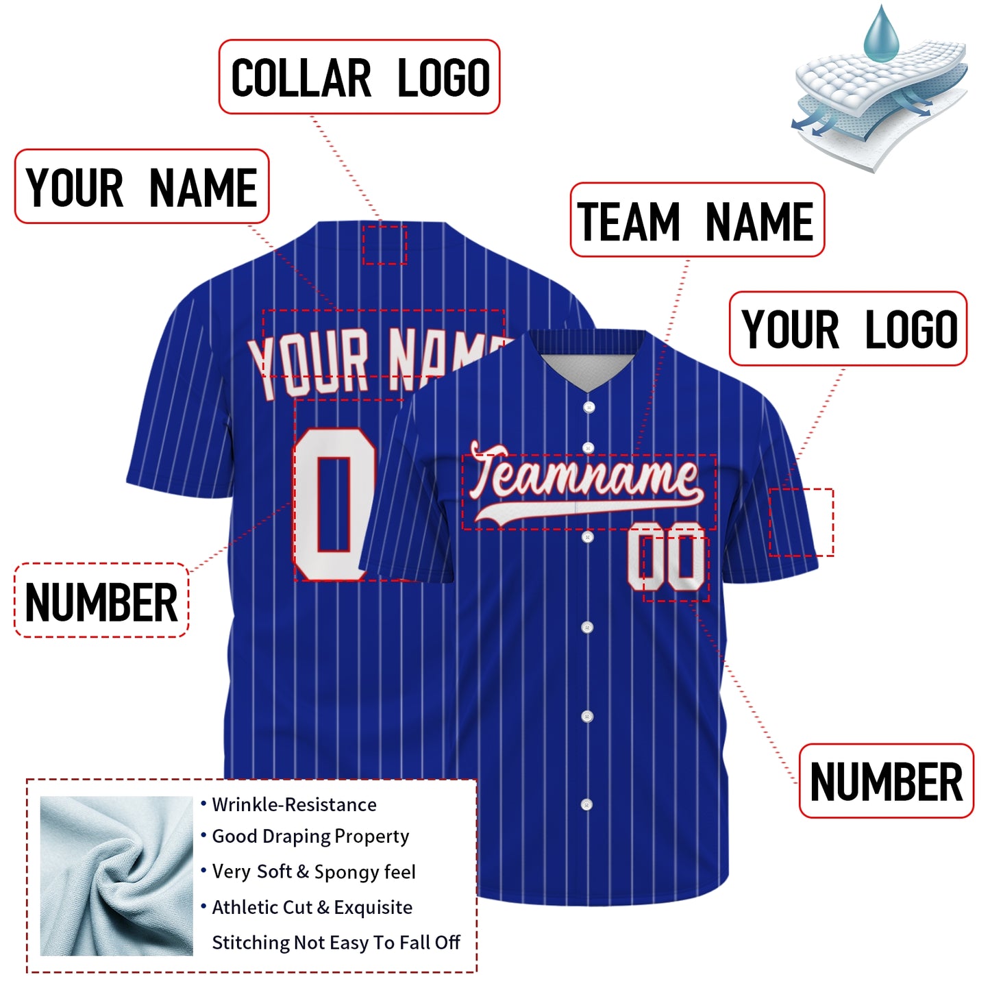 Custom Baseball Jersey - Personalized Royal Blue Shirt with White Pinstripes - Full Sublimation