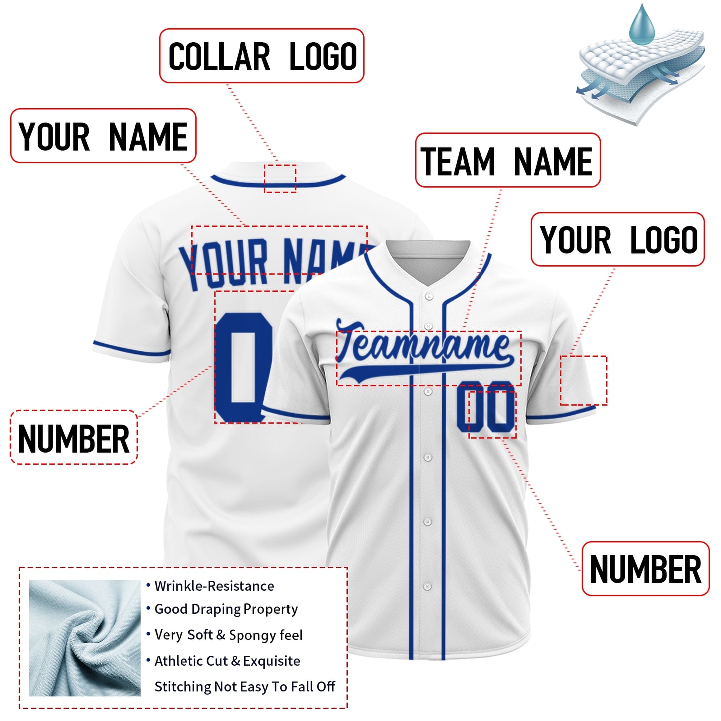 Custom Baseball Jersey - Personalized White Shirt with Royal Blue Details - Full Sublimation for Men Women- Personalized Team Sportswear printed or Stitched Name Number (Size S-8XL)