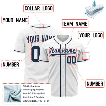 Custom Baseball Jersey - Personalized White Shirt with Navy Blue Piping - Full Sublimation for Men Women- Personalized Team Sportswear printed or Stitched Name Number (Size S-8XL)