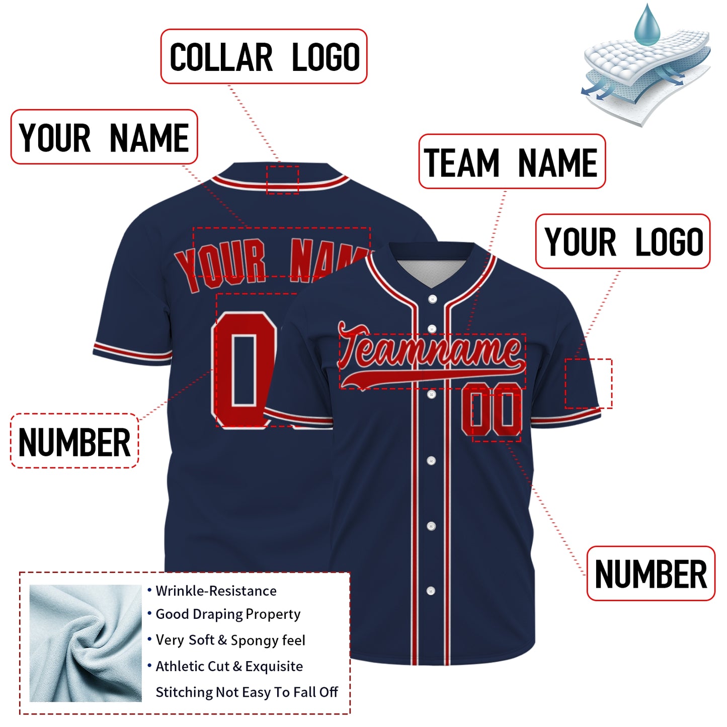 Custom Baseball Jersey - Personalized Navy Shirt with Red & White Piping - Full Sublimation