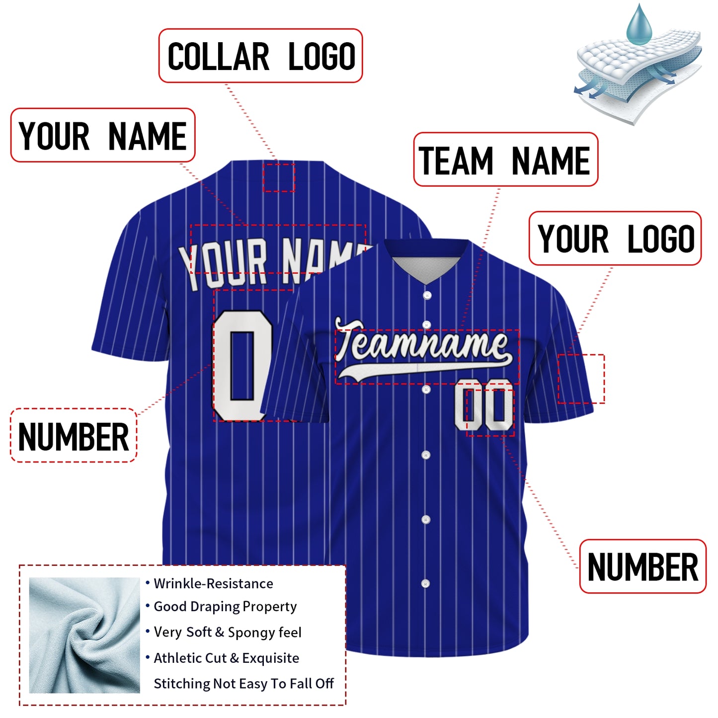 Custom Baseball Jersey - Royal Blue Shirt with White Pinstripes - Full Sublimation