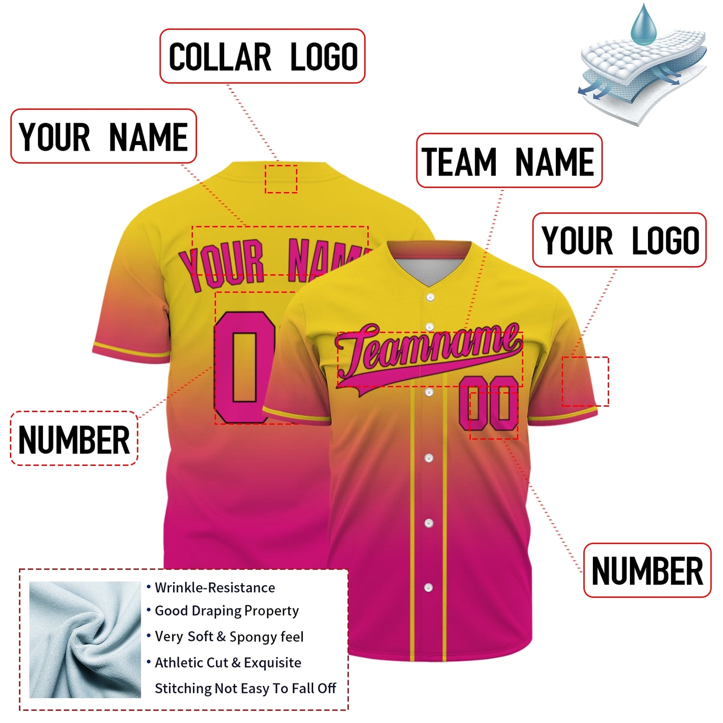 Custom Baseball Jersey - Personalized Gradient Shirt with Yellow & Pink Design - Full Sublimation