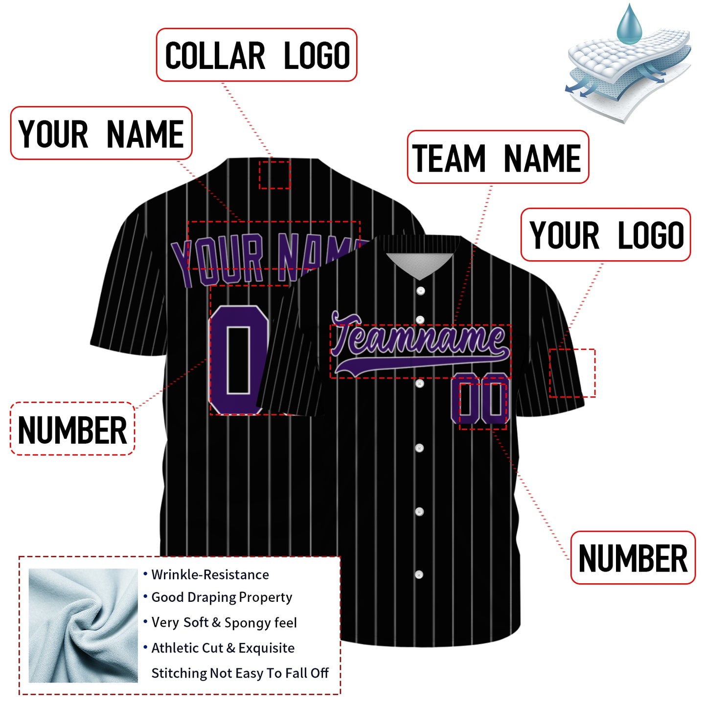 Custom Baseball Jersey - Personalized Black Shirt with Purple Pinstripes - Full Sublimation