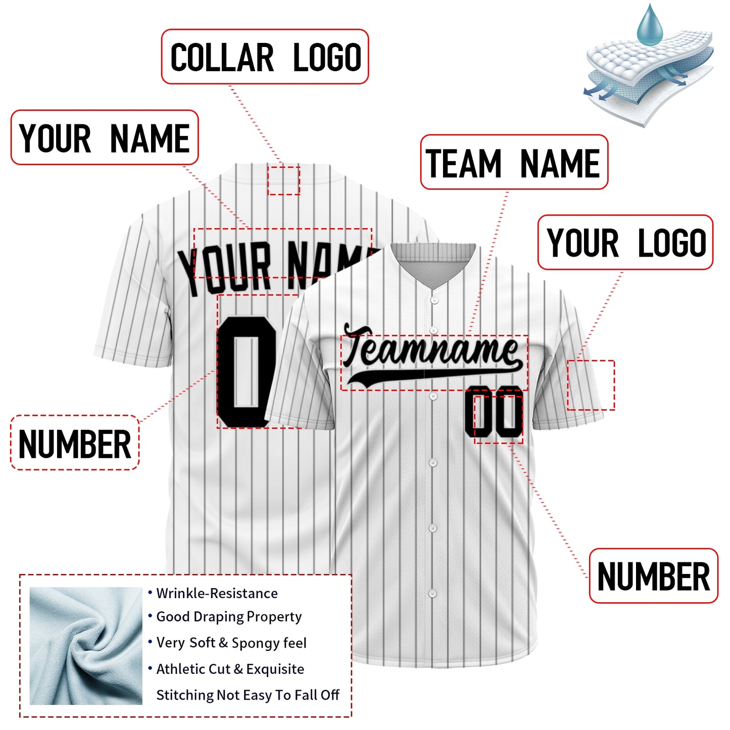 Custom Baseball Jersey - Personalized White Shirt with Black Pinstripes - Full Sublimation