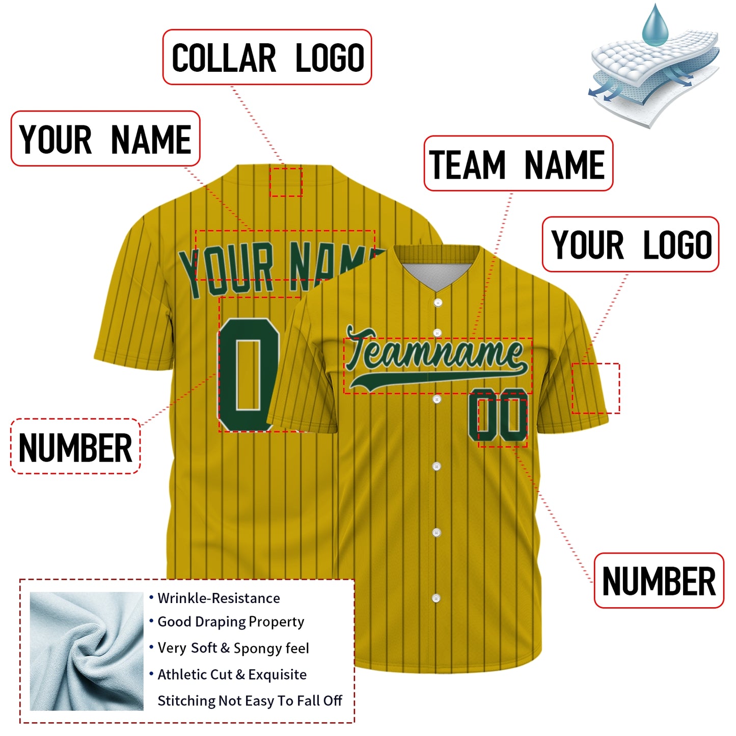 Custom Baseball Jersey - Personalized Gold Shirt with Pinstripes & Green Graphics