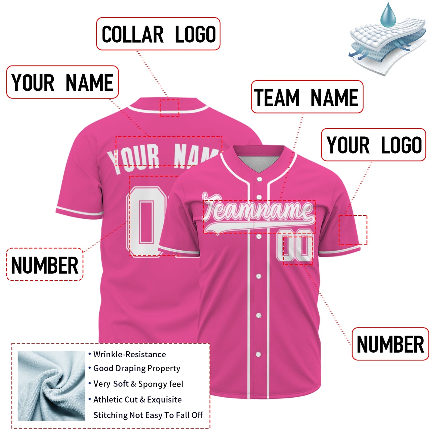 Custom Baseball Jersey - Personalized Pink Shirt with White Piping - Full Sublimation