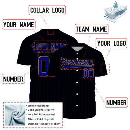 Custom Baseball Jersey - Personalized Black Shirt with Blue Pinstripes & Gold Details - Full Sublimation