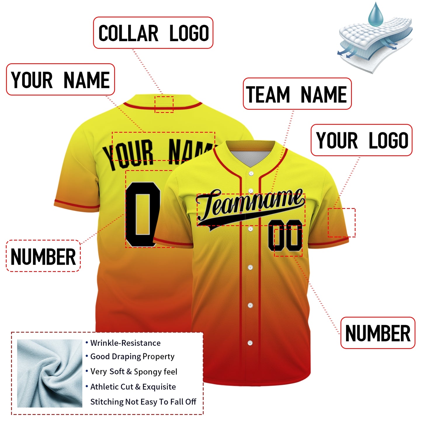 Custom Baseball Jersey - Personalized Gradient Shirt with Red Piping - Full Sublimation