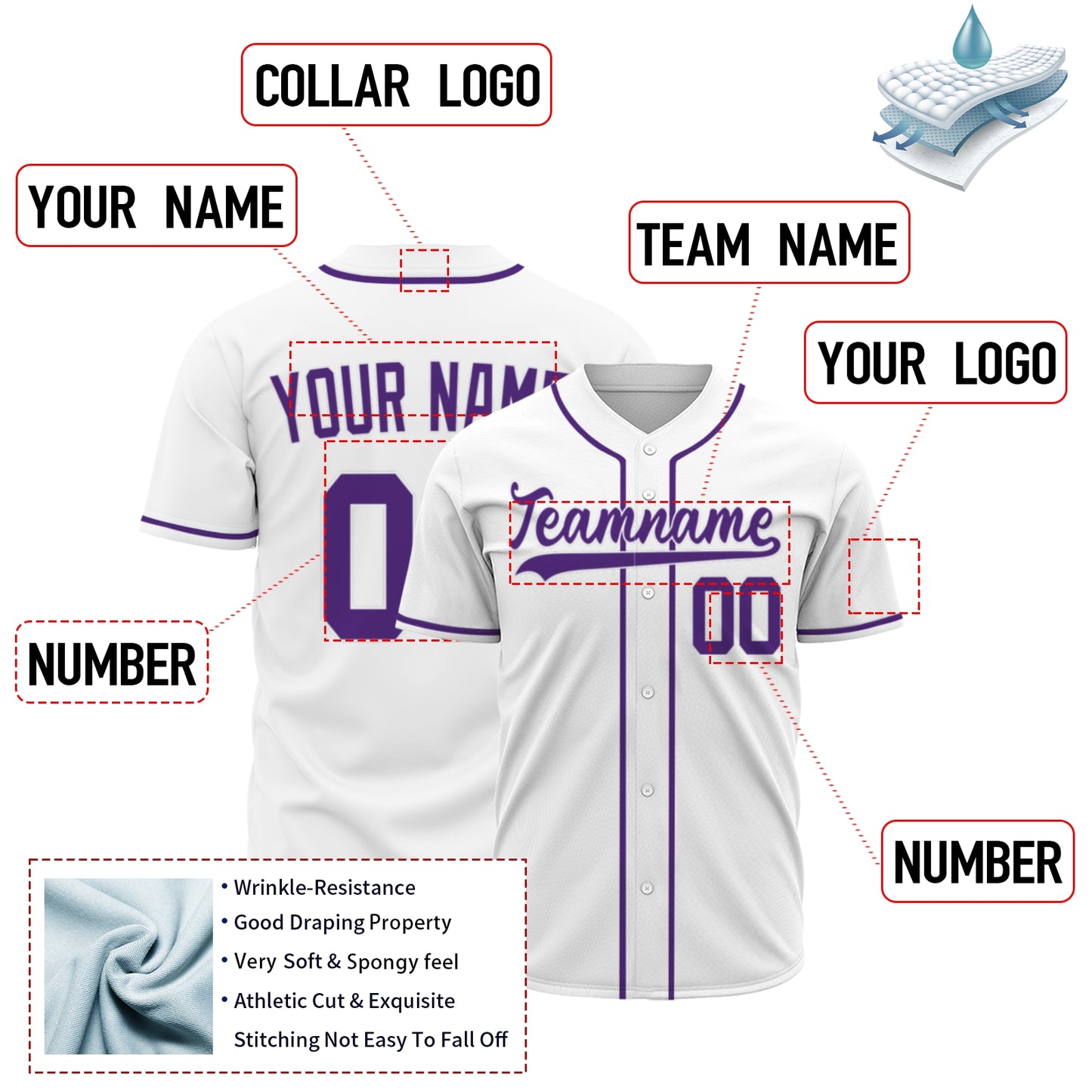 Premium Custom Baseball Jersey | White Shirt with Purple Trim - Full Sublimation