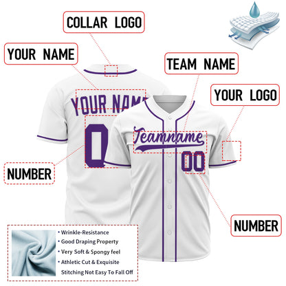 Premium Custom Baseball Jersey | White Shirt with Purple Trim - Full Sublimation