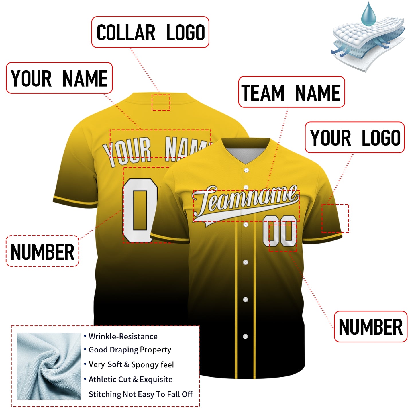 Custom Baseball Jersey - Personalized Gradient Shirt with Black & Yellow Design - Full Sublimation