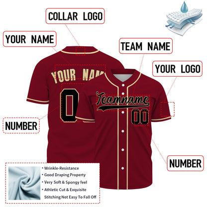 Custom Baseball Jersey - Personalized Maroon Shirt with Gold Piping & Black Graphics