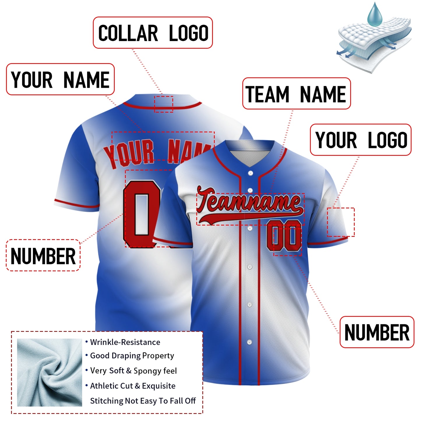Custom Baseball Jersey - Personalized Blue Gradient Shirt with Red Piping - Full Sublimation