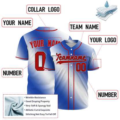 Custom Baseball Jersey - Personalized Blue Gradient Shirt with Red Piping - Full Sublimation