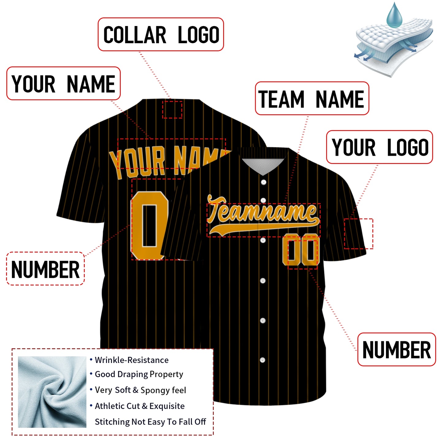 Custom Baseball Jersey - Personalized Black Shirt with Gold Pinstripes - Full Sublimation