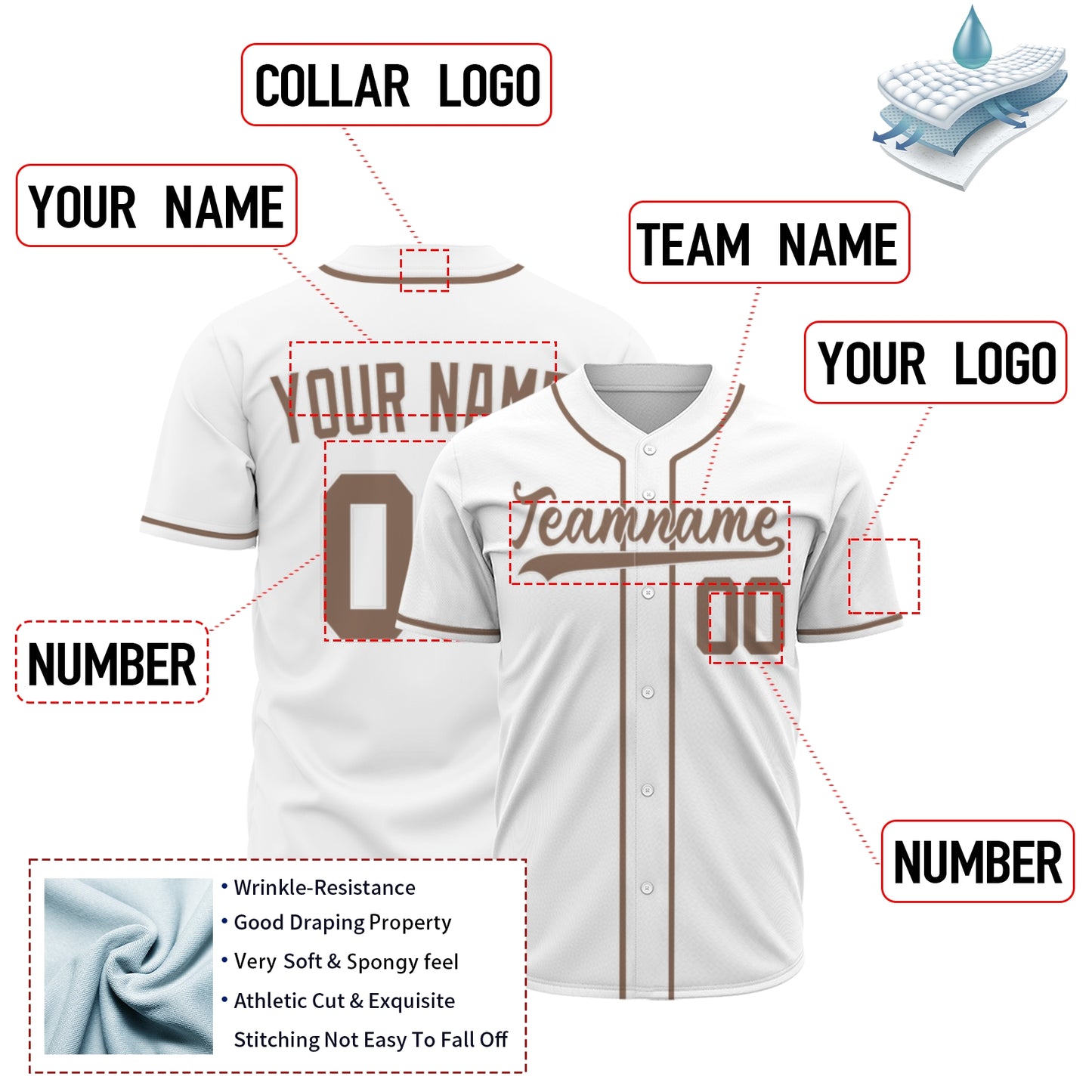 Custom Baseball Jersey - Personalized White Shirt with Brown Lettering - Full Sublimation for Men Women- Personalized Team Sportswear printed or Stitched Name Number (Size S-8XL)