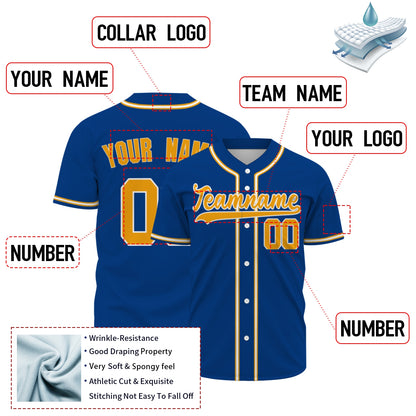 Custom Baseball Jersey - Personalized Royal Blue Shirt with Gold & White Piping - Full Sublimation