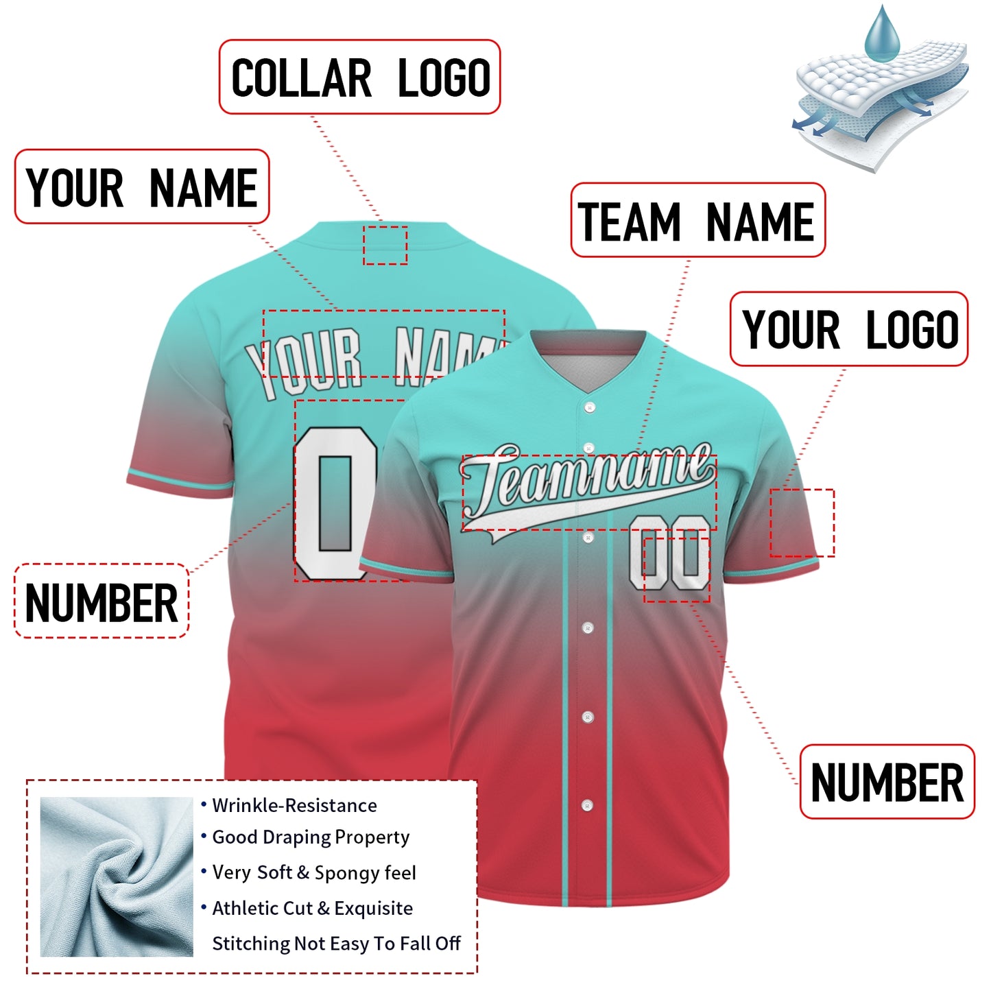 Custom Baseball Jersey - Personalized Gradient Shirt with Teal & Red Design - Full Sublimation