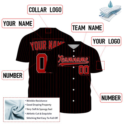 Custom Baseball Jersey - Personalized Black Shirt with Red Pinstripes - Full Sublimation