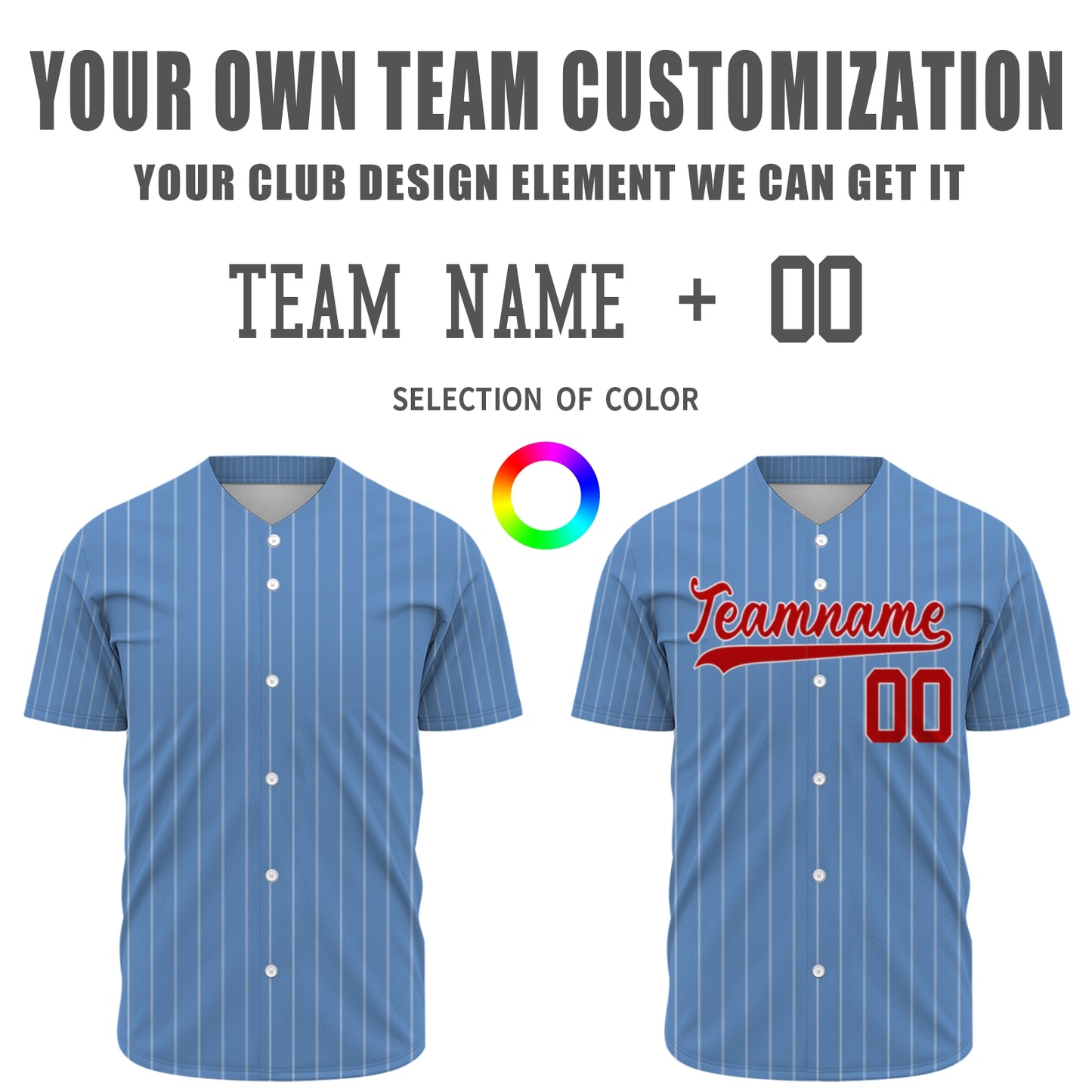 Custom Baseball Jersey - Personalized Powder Blue Shirt with White Pinstripes & Red Graphics