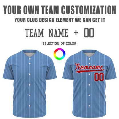 Custom Baseball Jersey - Personalized Powder Blue Shirt with White Pinstripes & Red Graphics