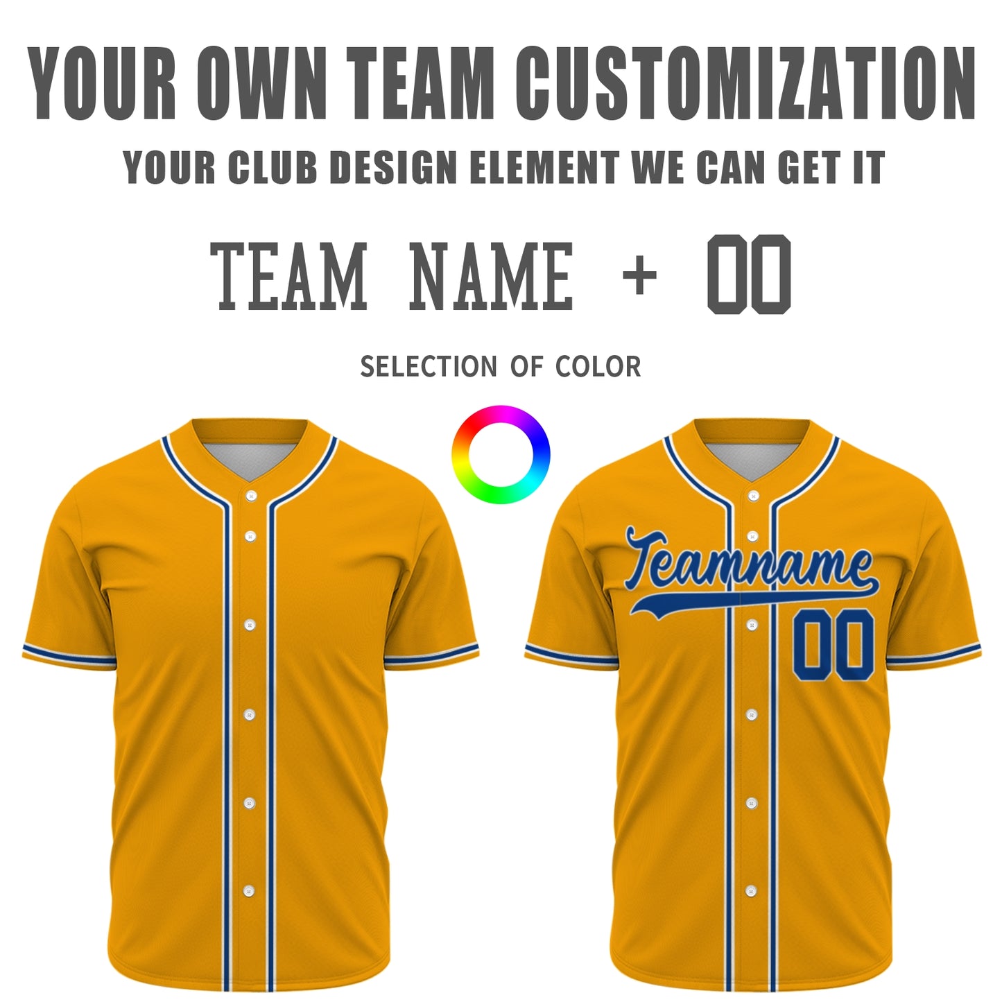 Custom Baseball Jersey - Personalized Gold Shirt with Blue & White Piping Graphics