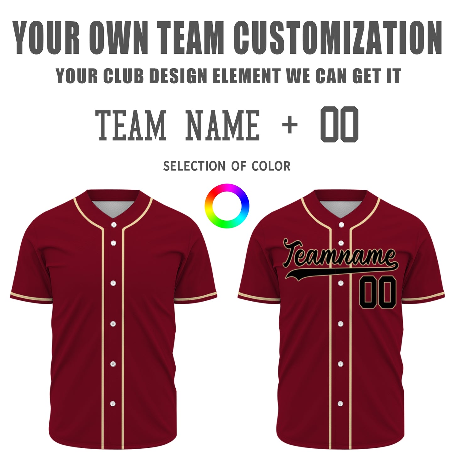 Custom Baseball Jersey - Personalized Maroon Shirt with Gold Piping & Black Graphics