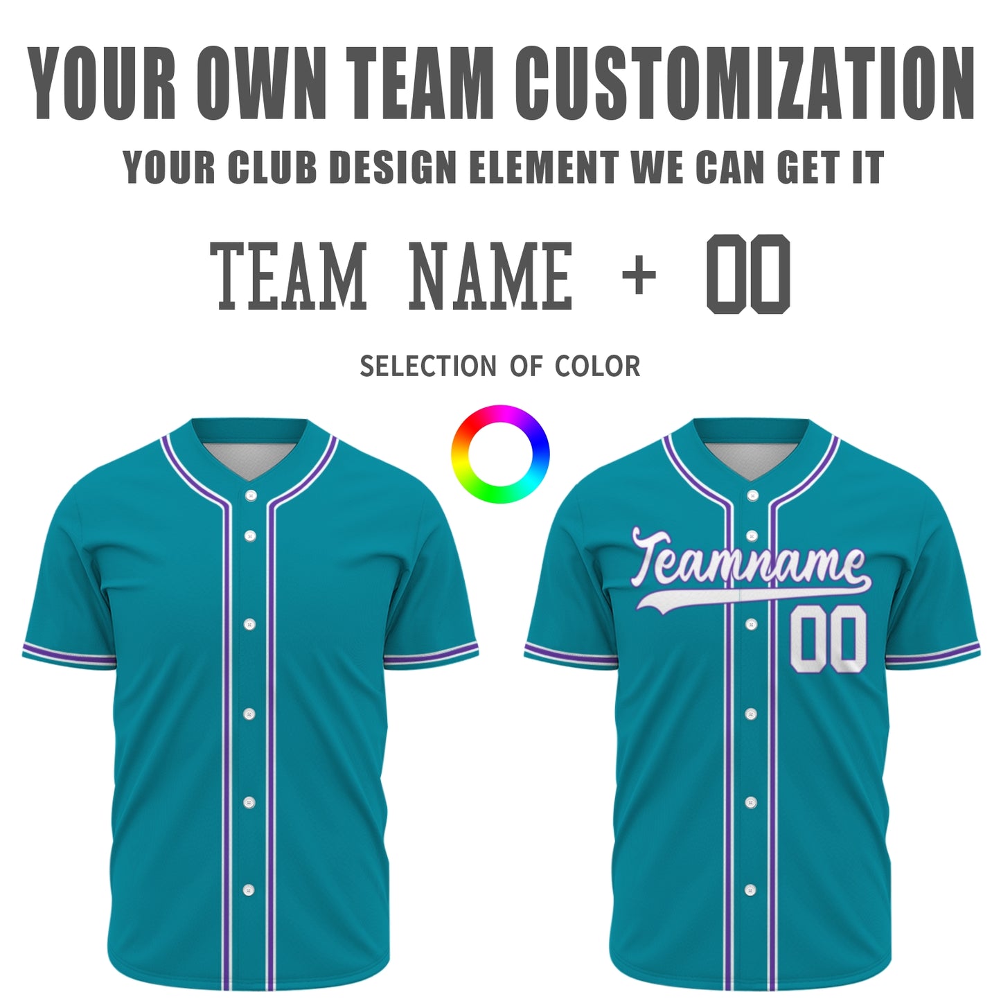 Custom Baseball Jersey - Personalized Teal Shirt with Purple & White Piping - Full Sublimation