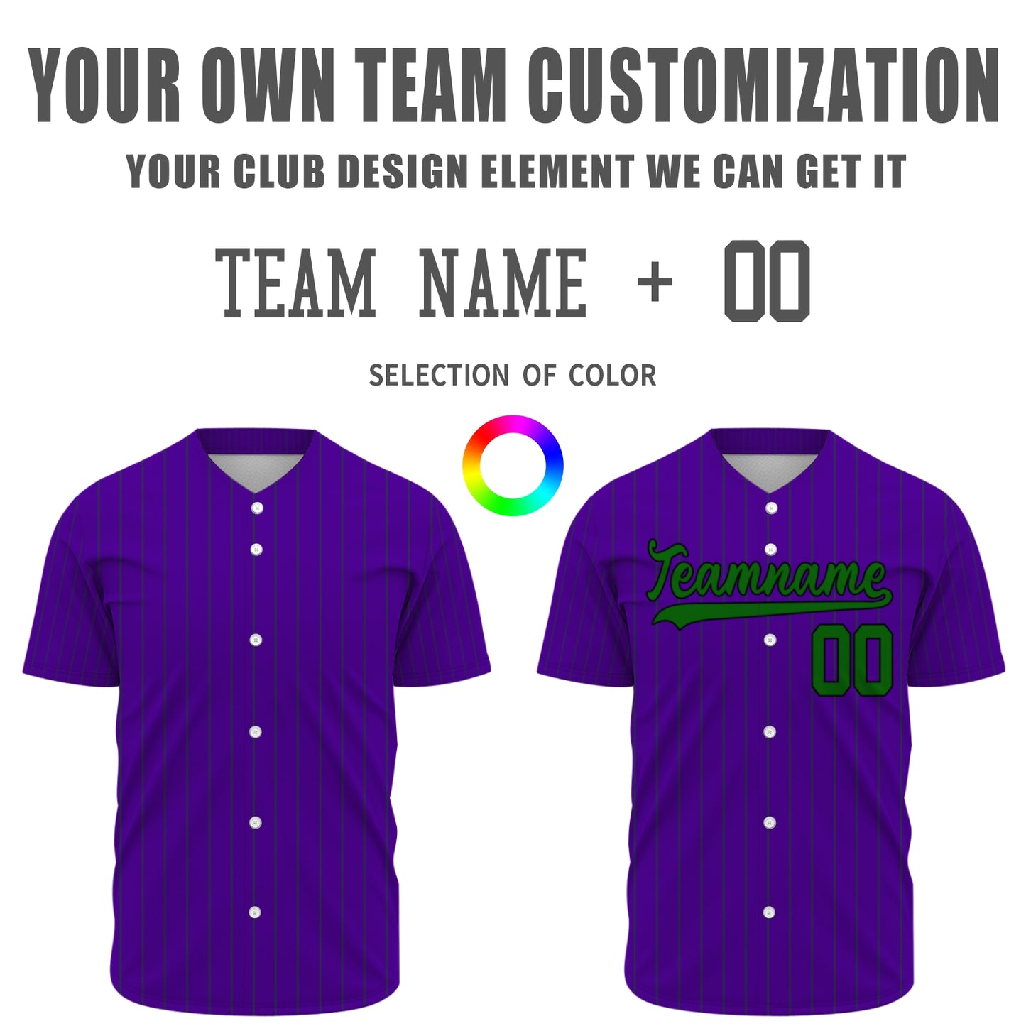 Custom Baseball Jersey - Personalized Purple Shirt with Pinstripes & Green Graphics - Full Sublimation
