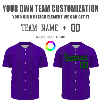 Custom Baseball Jersey - Personalized Purple Shirt with Pinstripes & Green Graphics - Full Sublimation