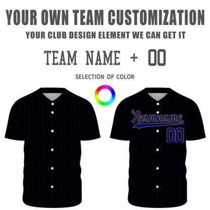 Custom Baseball Jersey - Personalized Black Shirt with Blue Pinstripes & Gold Details - Full Sublimation