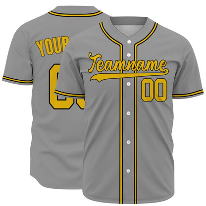 Custom Baseball Jersey - Personalized Grey Shirt with Gold & Black Piping - Full Sublimation