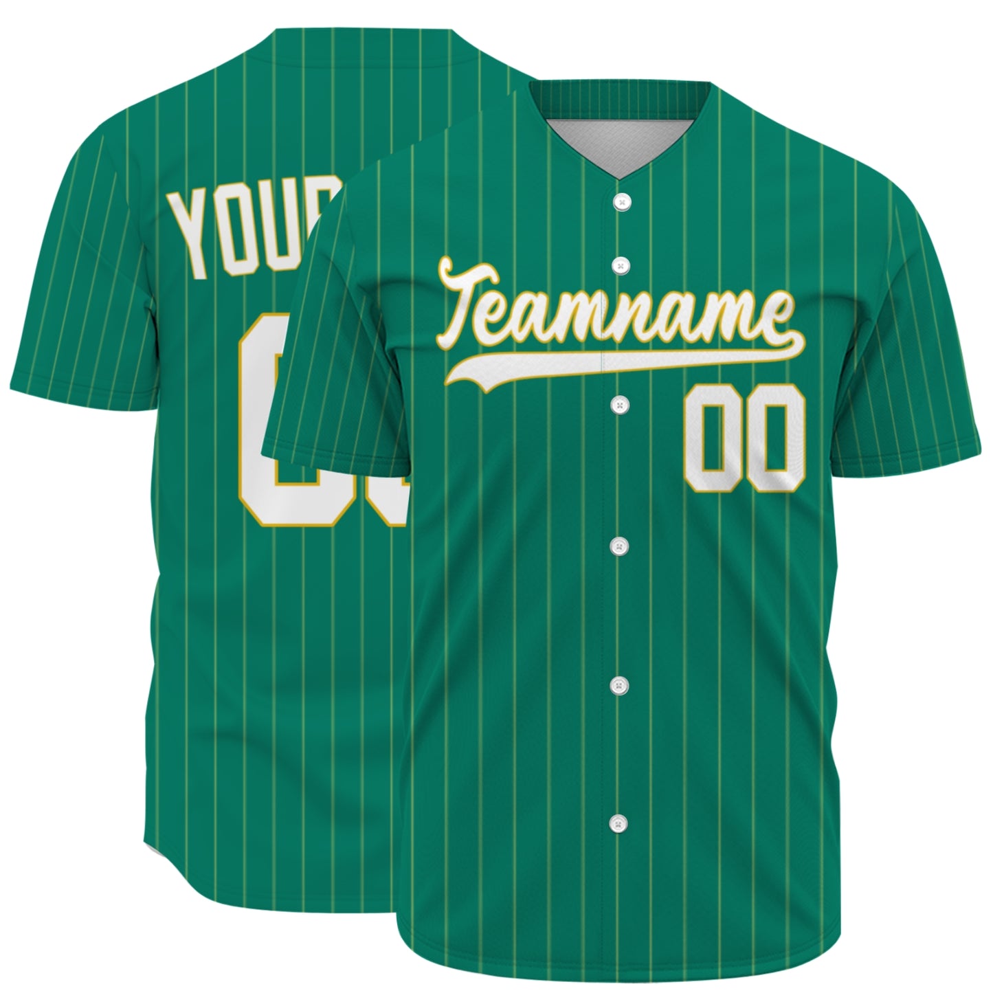 Custom Baseball Jersey - Personalized Green Shirt with Pinstripes & Gold Details - Full Sublimation