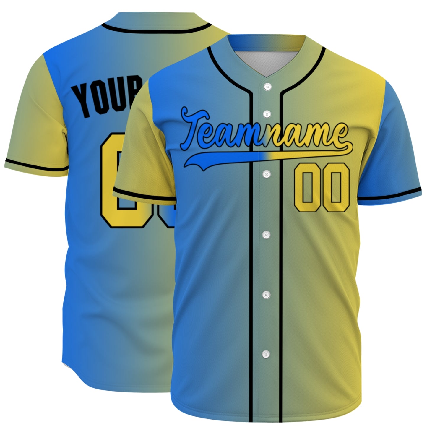 Custom Baseball Jersey - Personalized Gradient Shirt with Blue & Yellow Split Design