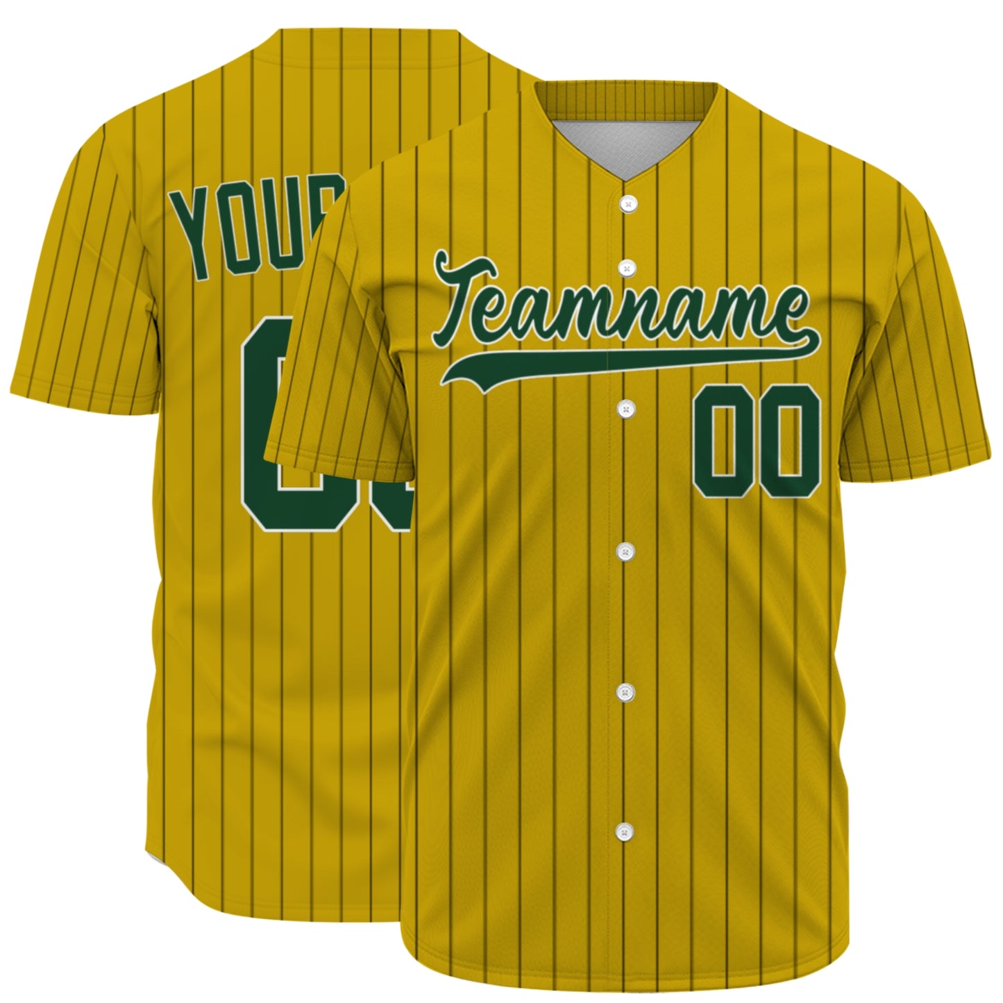 Custom Baseball Jersey - Personalized Gold Shirt with Pinstripes & Green Graphics
