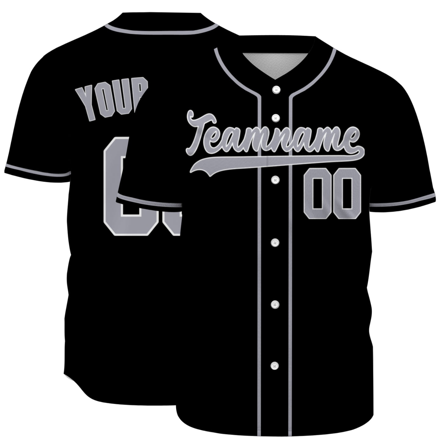 Custom Baseball Jersey - Personalized Black Shirt with Silver-Grey Piping - Full Sublimation