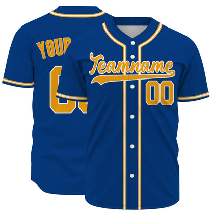 Custom Baseball Jersey - Personalized Royal Blue Shirt with Gold & White Piping - Full Sublimation