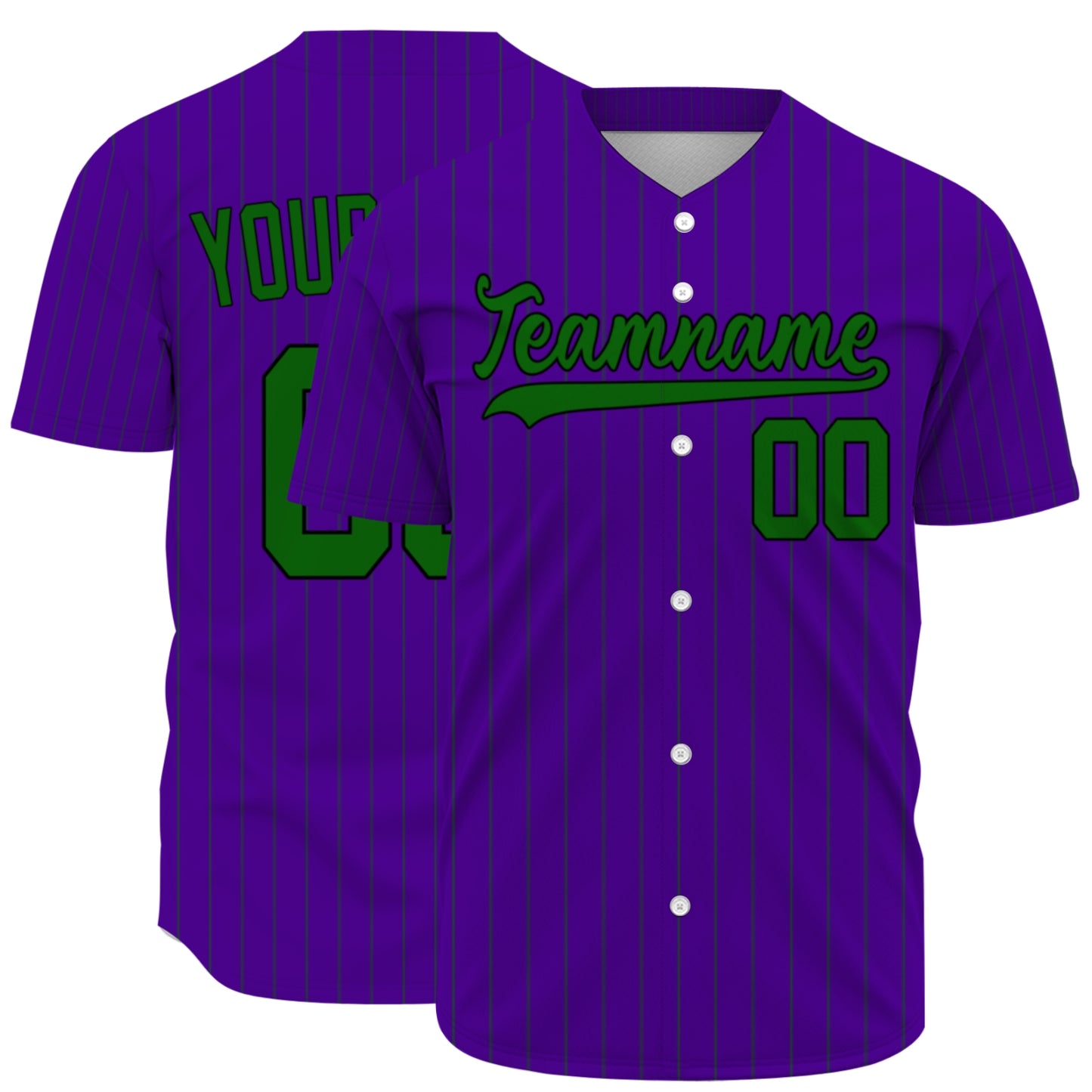 Custom Baseball Jersey - Personalized Purple Shirt with Pinstripes & Green Graphics - Full Sublimation