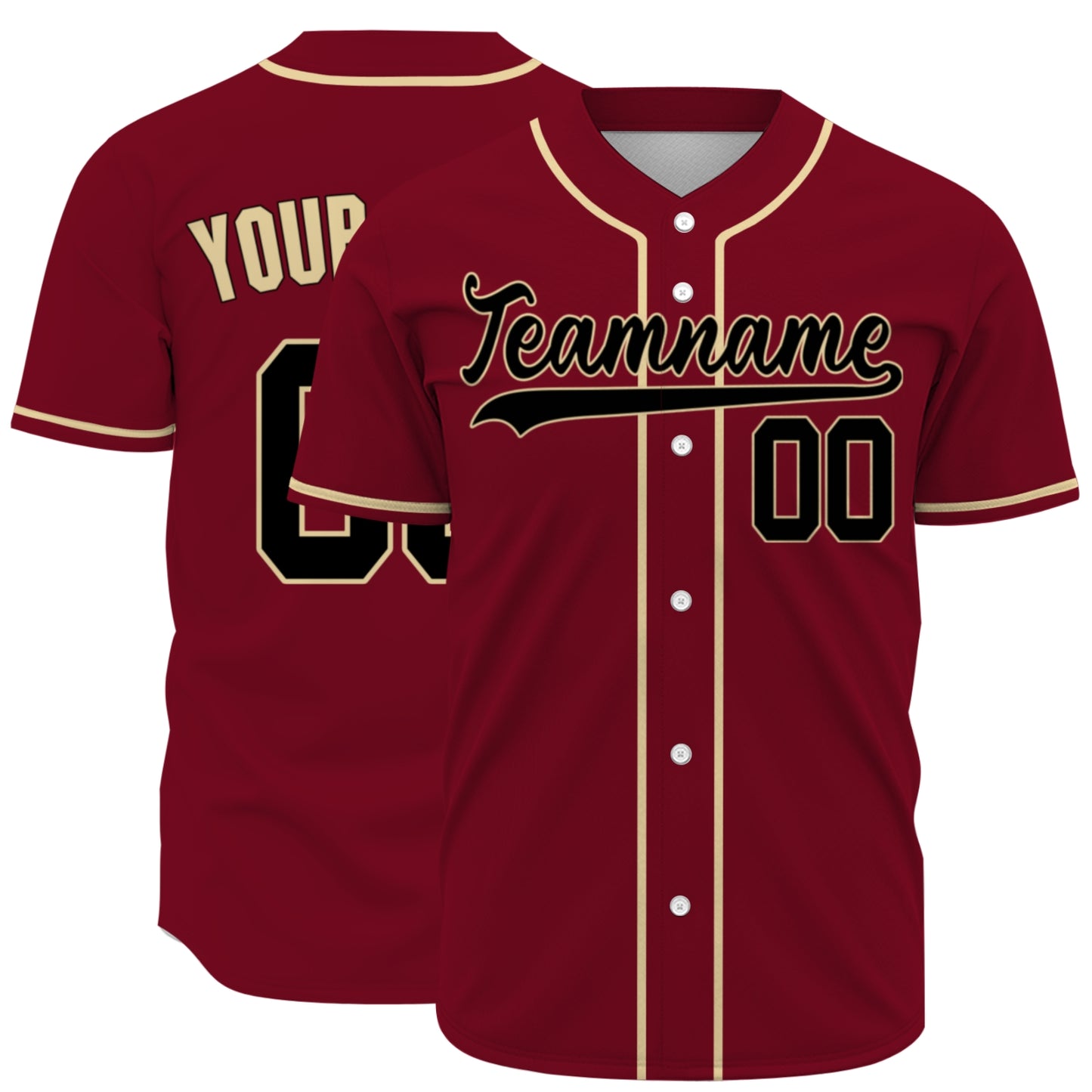 Custom Baseball Jersey - Personalized Maroon Shirt with Gold Piping & Black Graphics