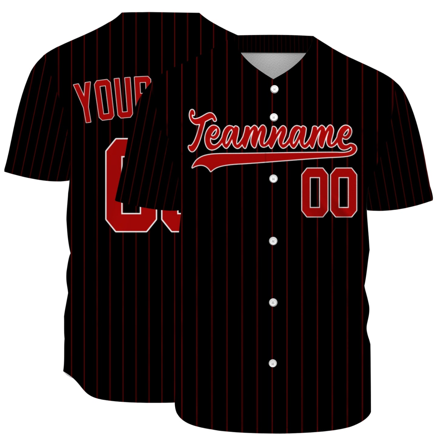 Custom Baseball Jersey - Personalized Black Shirt with Red Pinstripes - Full Sublimation