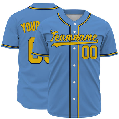 Custom Baseball Jersey - Personalized Sky Blue Shirt with Gold & Navy Piping - Full Sublimation