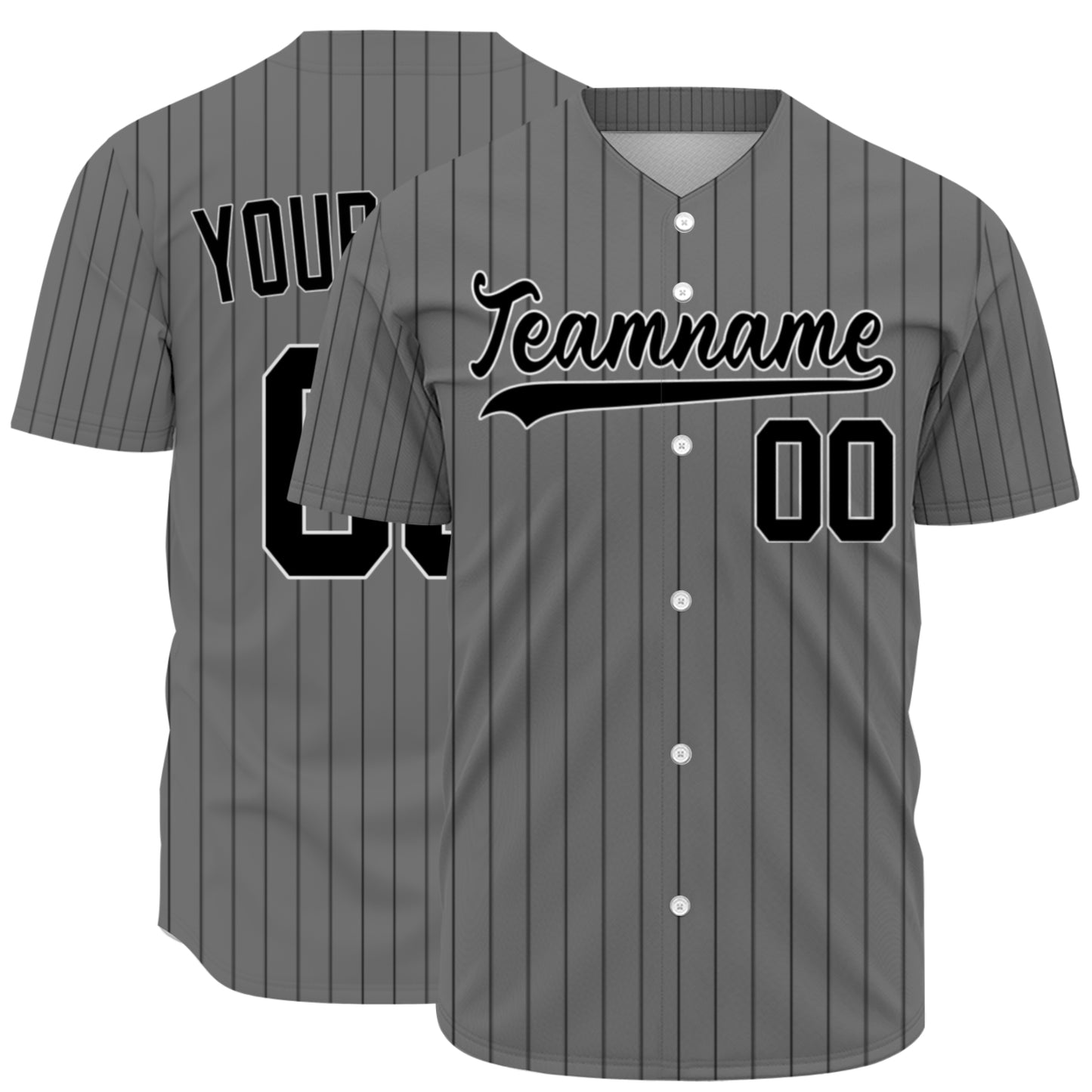 Custom Baseball Jersey - Personalized Grey Shirt with Dark Pinstripes - Full Sublimation