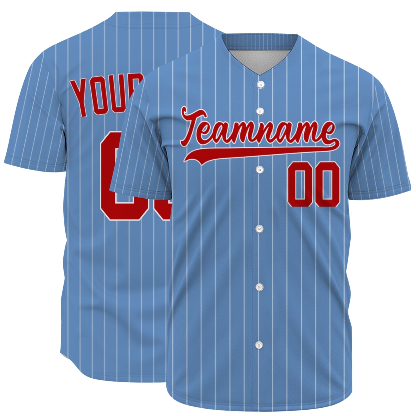 Custom Baseball Jersey - Personalized Powder Blue Shirt with White Pinstripes & Red Graphics